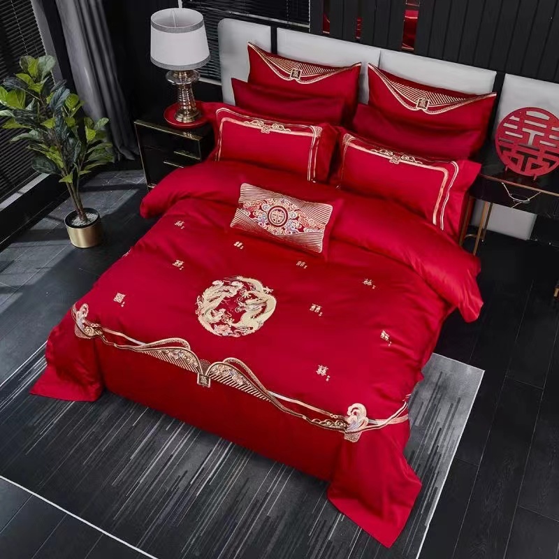 嘉韵新娘中式豪华婚庆长绒棉四件套刺绣加厚床罩床上用品双人