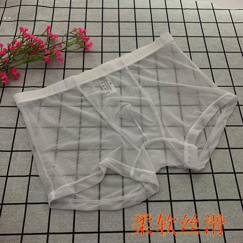 夏季男士内裤男冰丝轻薄透气平角裤个性印花透明网纱速干四角裤头