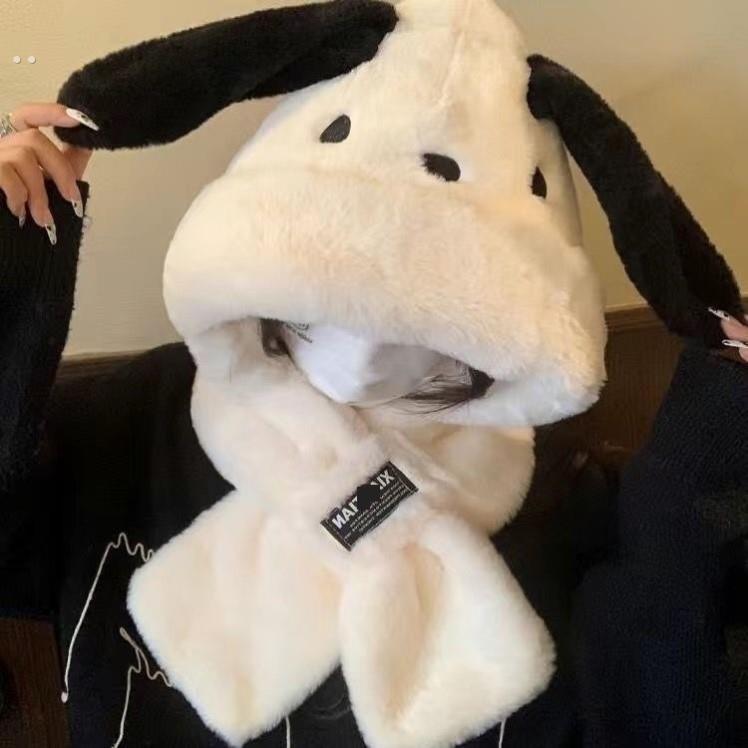 可爱小狗长耳朵毛绒帽子围巾一体雷锋帽女秋冬季显脸小保暖两件套