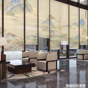 禅意山水印画半透遮光卷帘茶室隔断帘电动升降窗帘屏风售楼处 中式