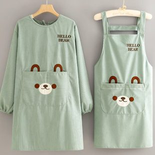 工作服条绒长袖 可爱卡通防污耐脏罩衣女新款 围裙厨房家用做饭护衣