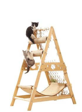 宠物猫爬架实木麻绳攀爬网耐磨猫抓柱猫窝三角猫跳台小型家用别墅