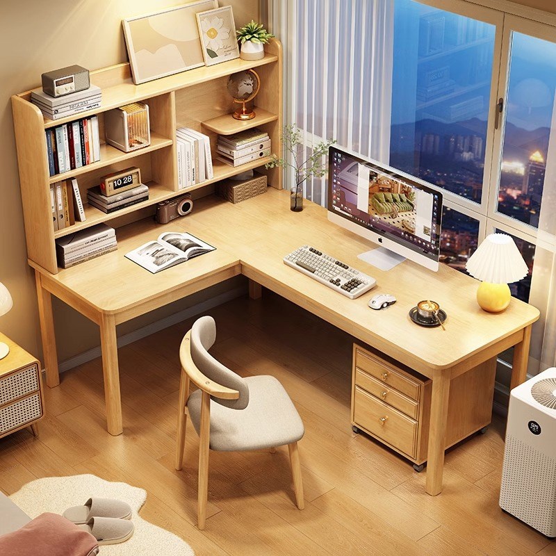 实木转角书桌书架一体桌小户型半包围写字桌L型电脑桌7字型办公桌