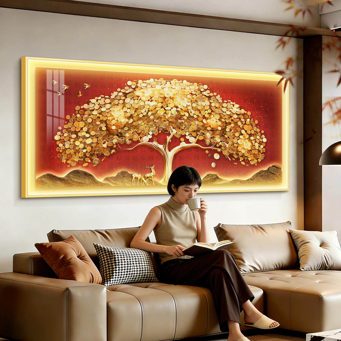 发财树客厅装饰画高级感摇钱树沙发背景墙挂画2026新款带灯光壁画