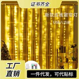 热销3*3皮线窗帘灯usb遥控铜线彩灯led灯串节日装饰灯圣诞灯