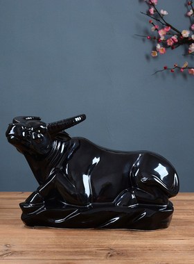 陶瓷黑色卧牛摆件工艺品十二生肖水E牛瓷器家居客厅书房招财镇宅