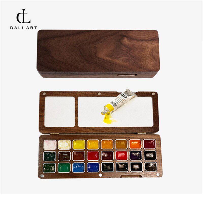 木质水彩颜料盒24色2毫升便携保湿 F固体水彩盒分黑胡桃加厚不变