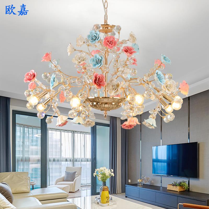 欧式吸顶灯客厅餐厅卧室大厅复式楼现代花朵法式陶瓷奢华水晶吊灯