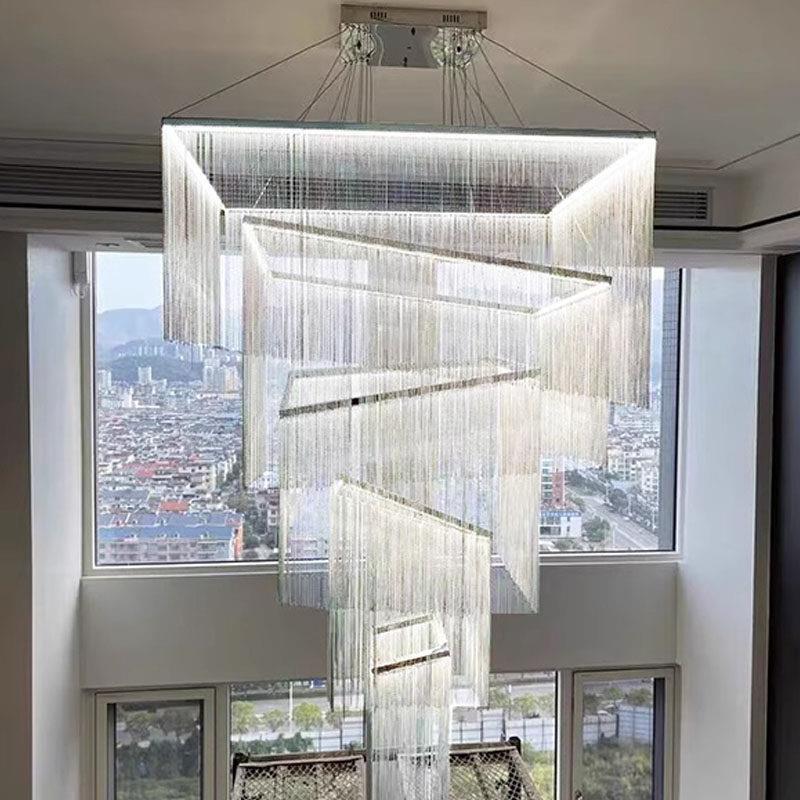 后现复式楼大吊灯中空客厅挑楼梯间跃层别墅餐厅设计师流苏灯