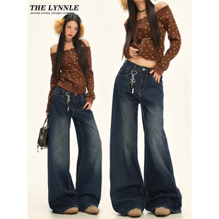 THELYNNLE复古蓝阔腿加绒牛仔裤女秋冬美式直筒宽松百搭阔腿裤