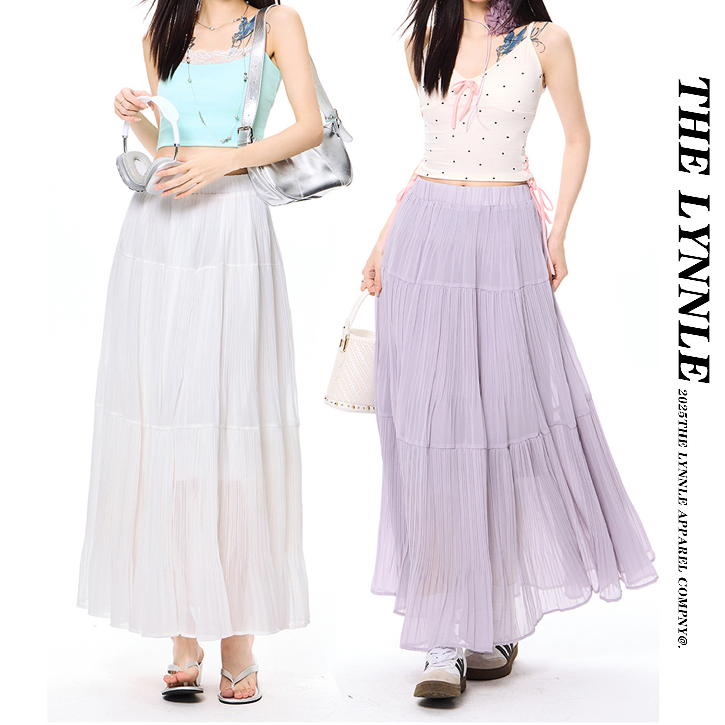 THELYNNLE紫色半身裙女2025夏季白色百褶裙中长款高腰显瘦蛋糕裙