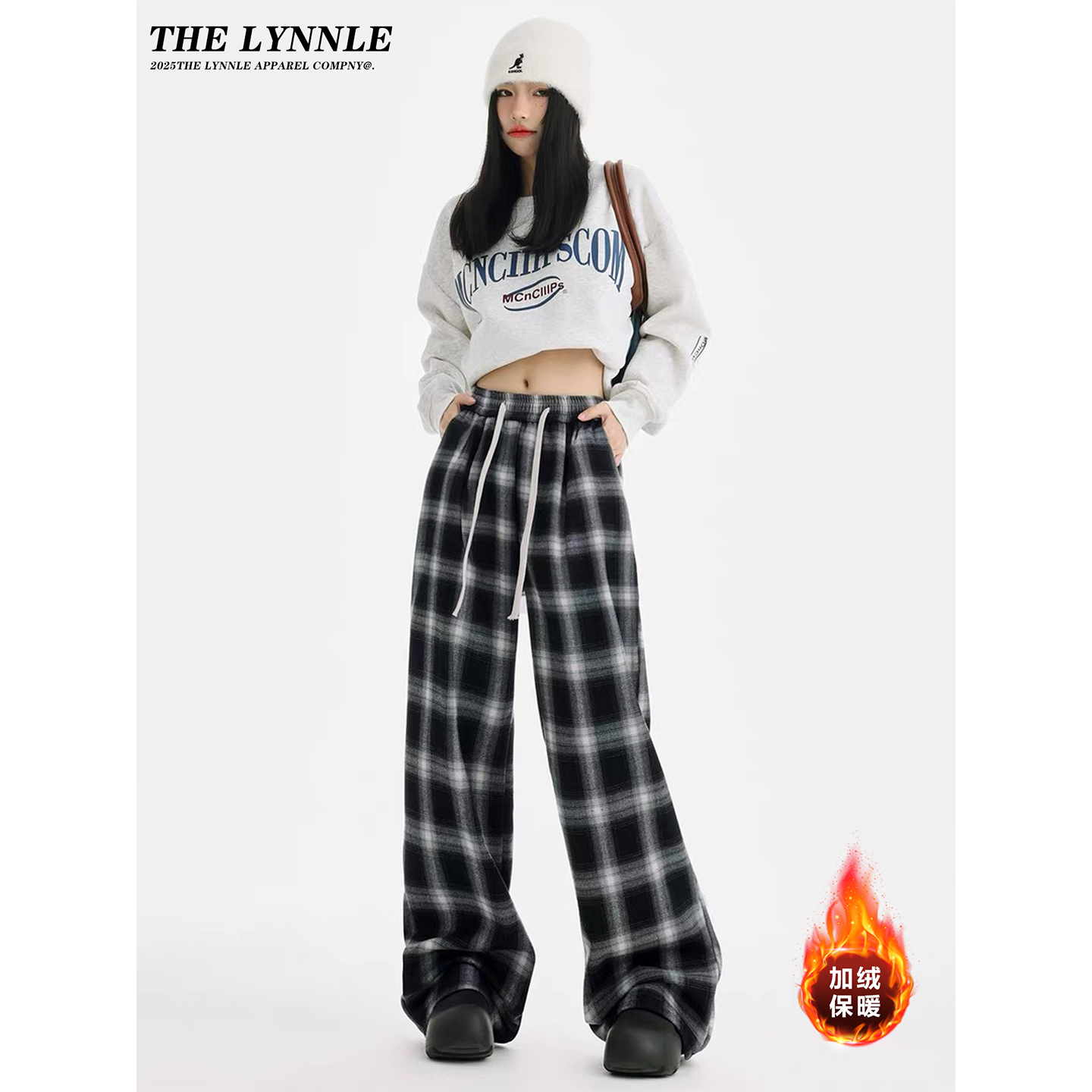 美式复古黑白格子休闲裤女