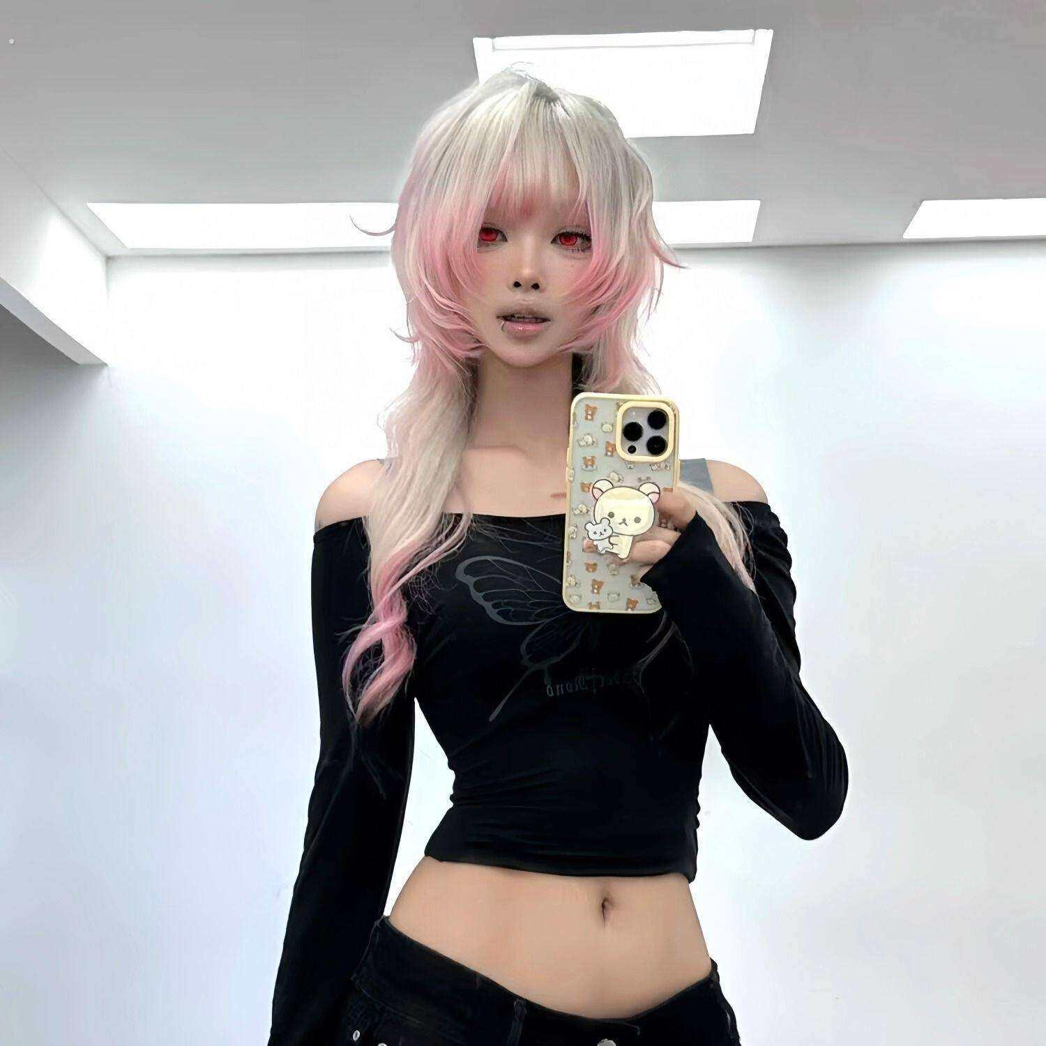 水母头假发女粉白渐变挑染水母头高层次日常仿真发整顶全头套