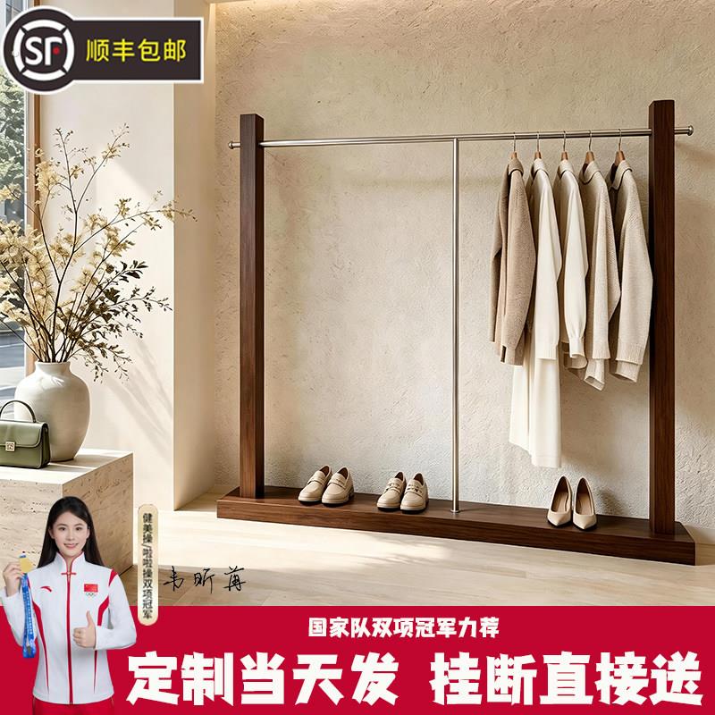 实木服装店展示架原木高级中古不锈钢胡桃木色女装货架中岛落地架