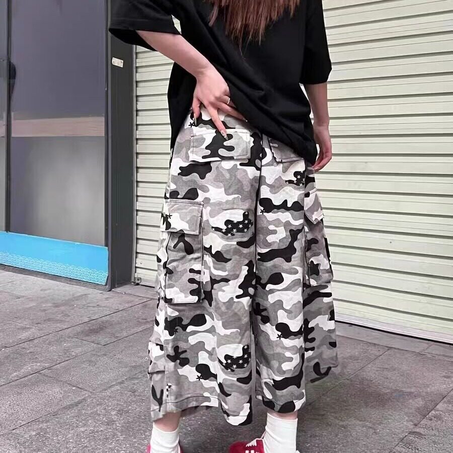 美式复古街头波点迷彩口袋工装短牛仔裤