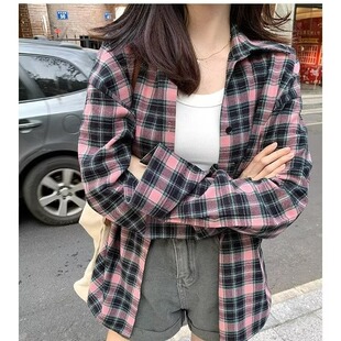 黑粉格子衬衫女春秋美式复古内搭上衣宽松休闲磨毛长袖衬衣外套厚