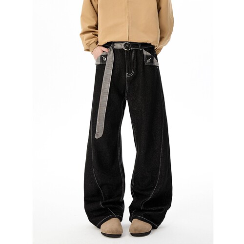 小柯xcok千鸟格原牛黑弯刀微喇牛仔裤美式cleanfit休闲宽松直筒裤