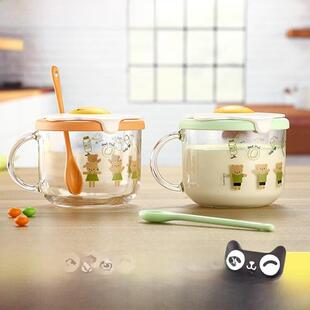 Luminarc/Lomeiya玻璃早餐杯家用杯牛奶麦片水杯带盖子勺子