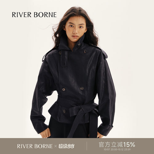River borne 落肩蝙蝠袖双排扣短款风衣女秋装廓形挺括翻领短外套