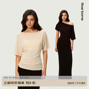 River borne 莱赛尔天丝斜肩短袖T恤女收腰慵懒露肩修身显瘦上衣