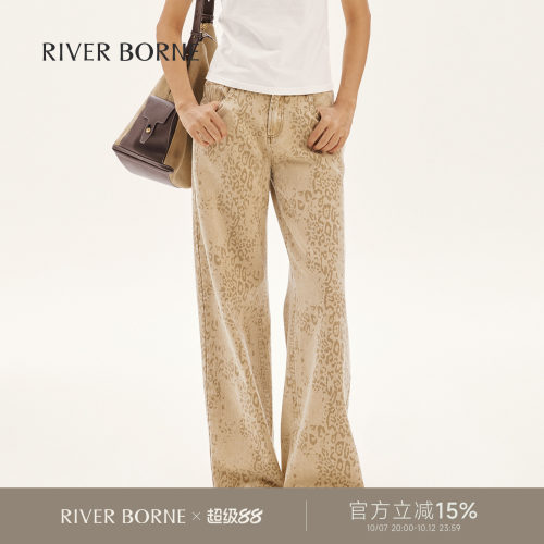 River borne 复古豹纹肌理印花阔腿牛仔裤女秋装宽松直筒休闲长裤