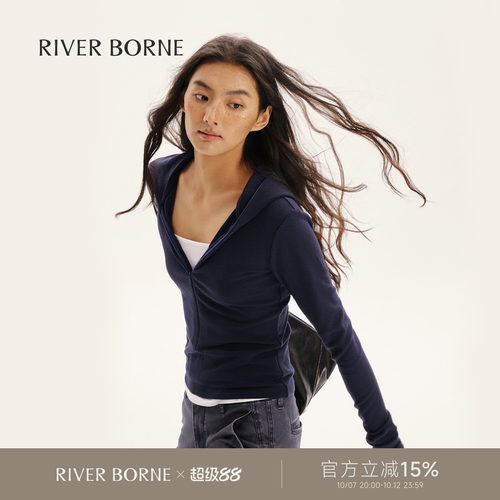River borne 深V领半拉链连帽针织衫女秋装松弛感短款套头衫上衣