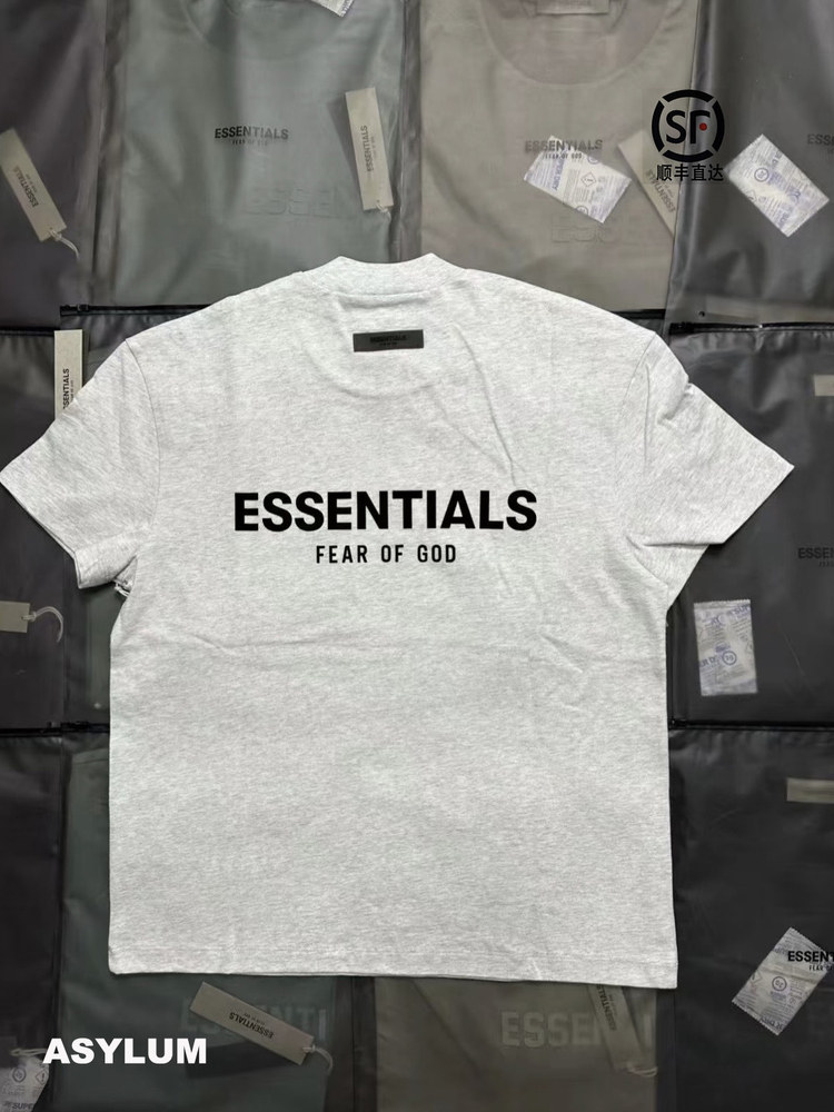 Футболка Ningbo ESSENTIALS double line 22 с принтом логотипа American street couple trend с короткими рукавами спереди и сзади. Изображение 1