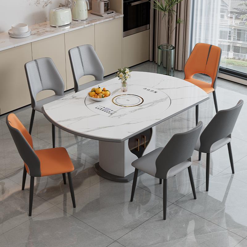 岩板餐桌轻奢电磁炉智能暖菜板电动转盘饭桌家用简约伸缩折叠圆桌