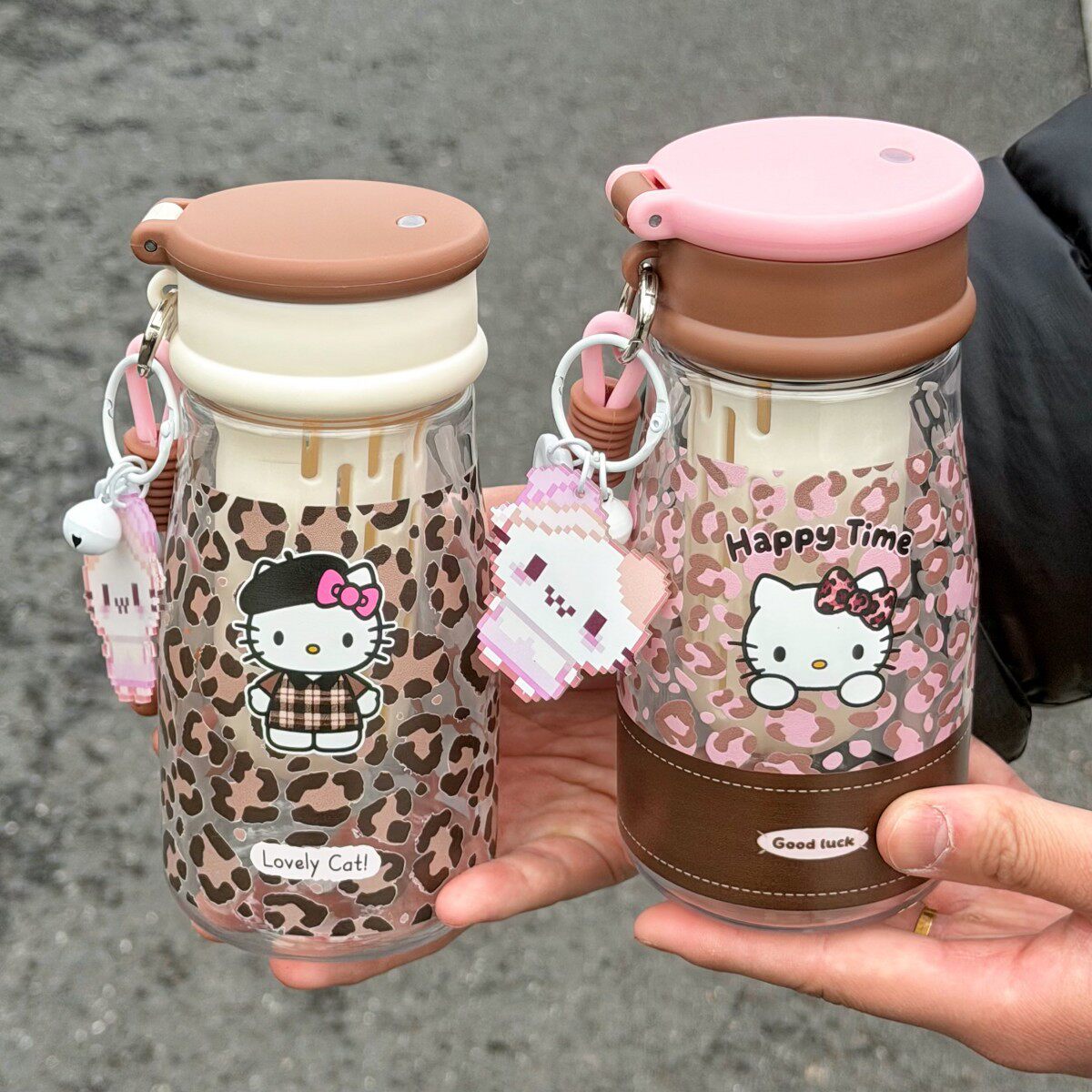 可爱豹纹猫咪塑料水杯女生高颜值