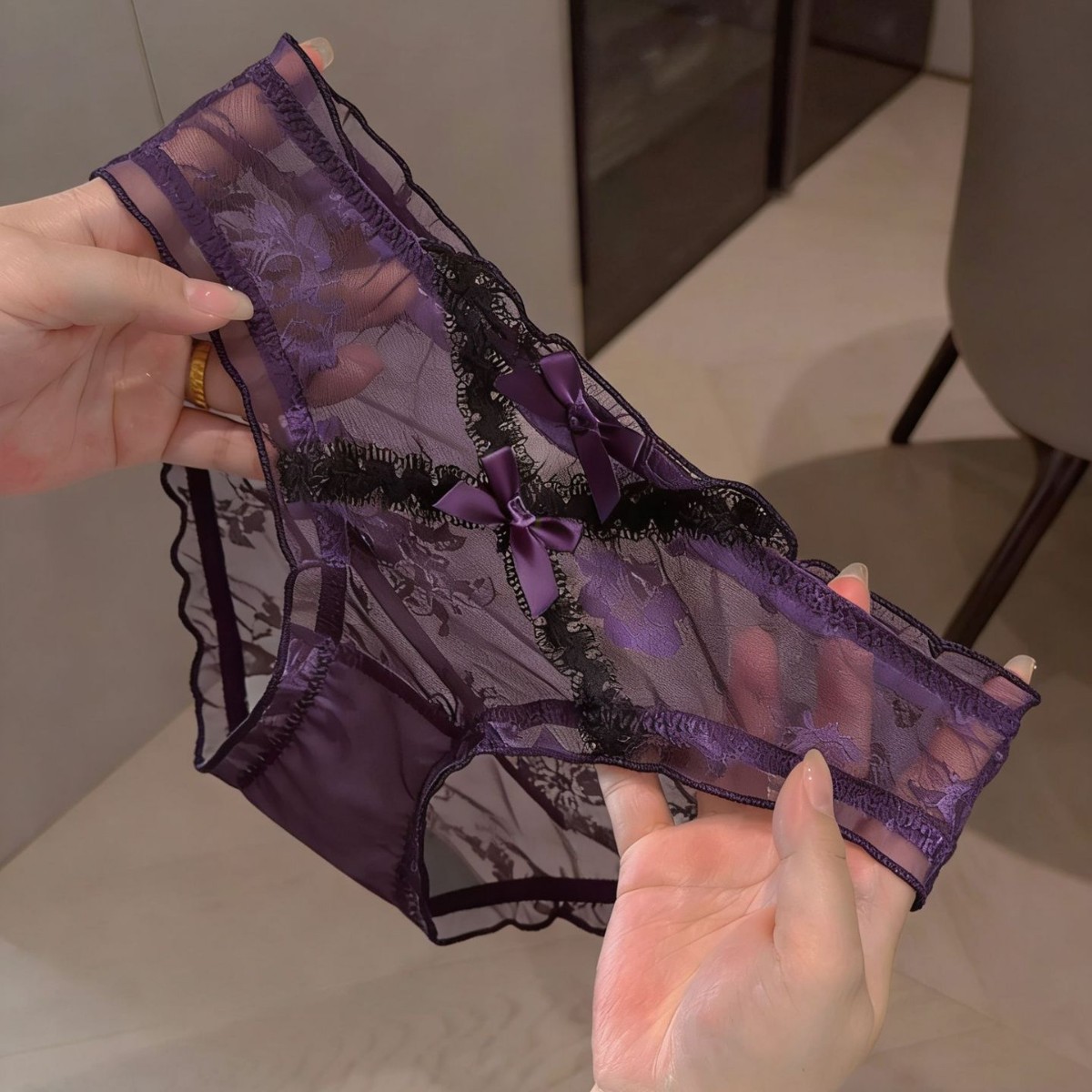 紫色蝴蝶结女三角裤性感蕾丝内裤