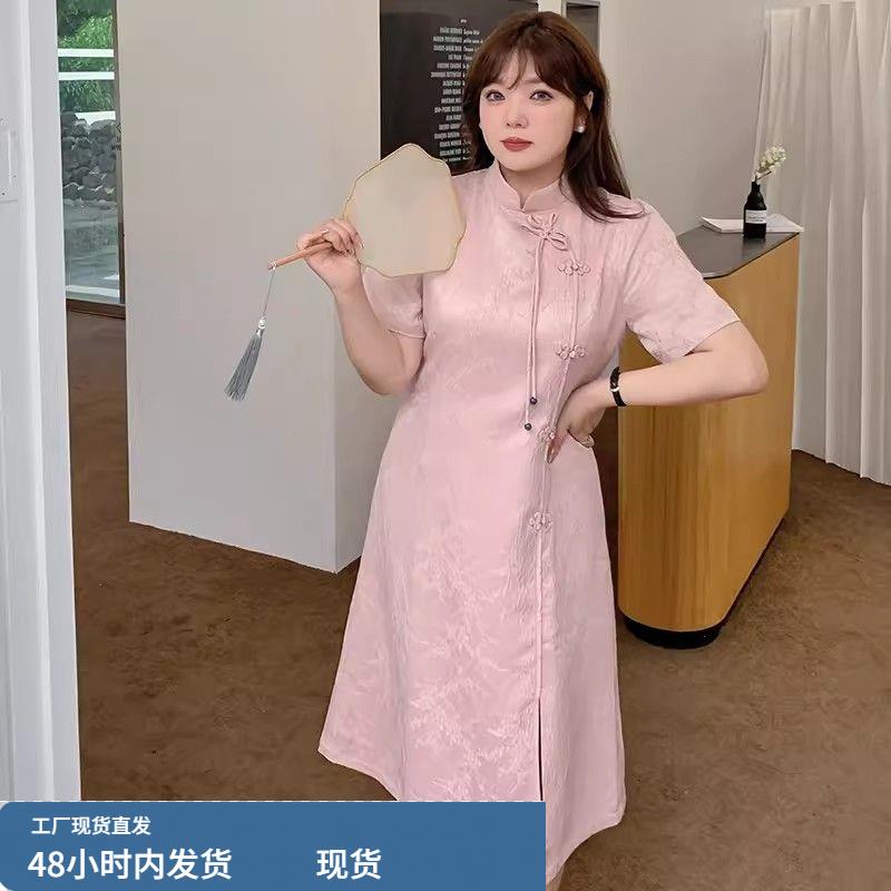 2025新款大码女装气质重工盘扣改良旗袍连衣裙胖mm年轻款新中式开