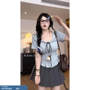 大码 小衫 2025新款 韩系甜美娃娃领短袖 半身裙显 女夏季 胖mm高腰西装