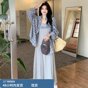 甜美减龄格子衬衫 2025新款 收腰显瘦法式 大码 印花吊带连衣 胖mm夏装