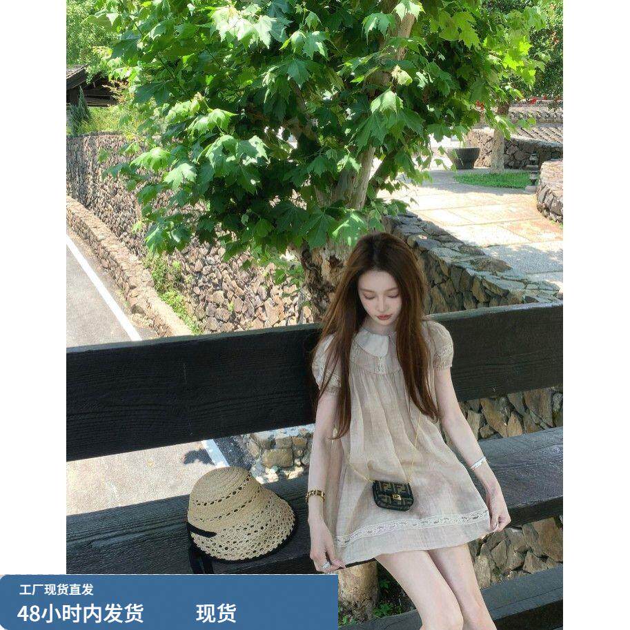 2025新款大码胖mm温柔风亚麻娃娃领刺绣连衣裙女夏季宽松减龄显瘦