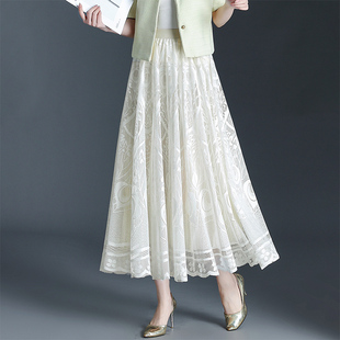 春夏新款 A字裙百褶大摆仙0317r 双面穿蕾丝半身裙女高腰显瘦中长款