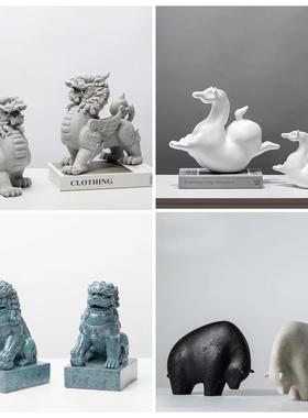 中式客厅电视柜书房玄关样板房酒店树脂砂岩麒麟狮子奔马装饰摆件