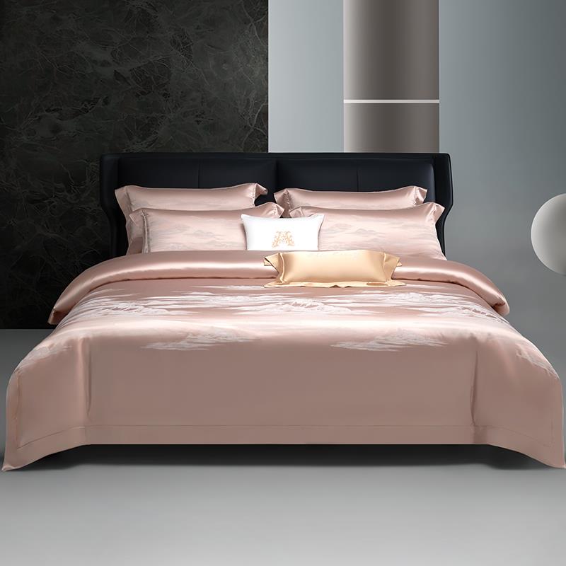 悠仙居家纺140长绒棉真丝棉高密度四件套纯色全棉床笠款 千里江山