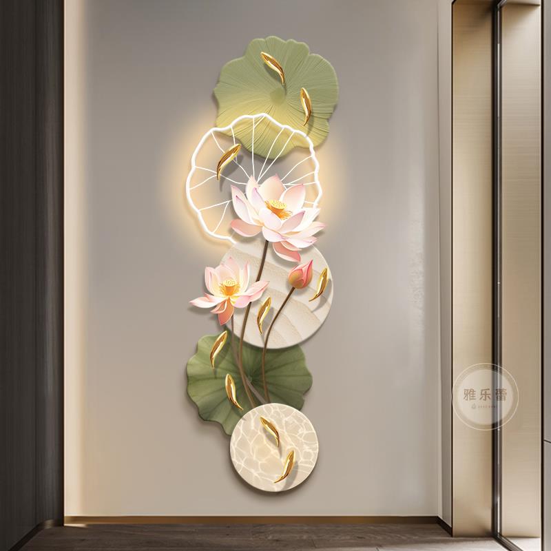 新中式九鱼图入户玄关装饰画高级感3d立体荷花挂画走廊过道壁灯画图片