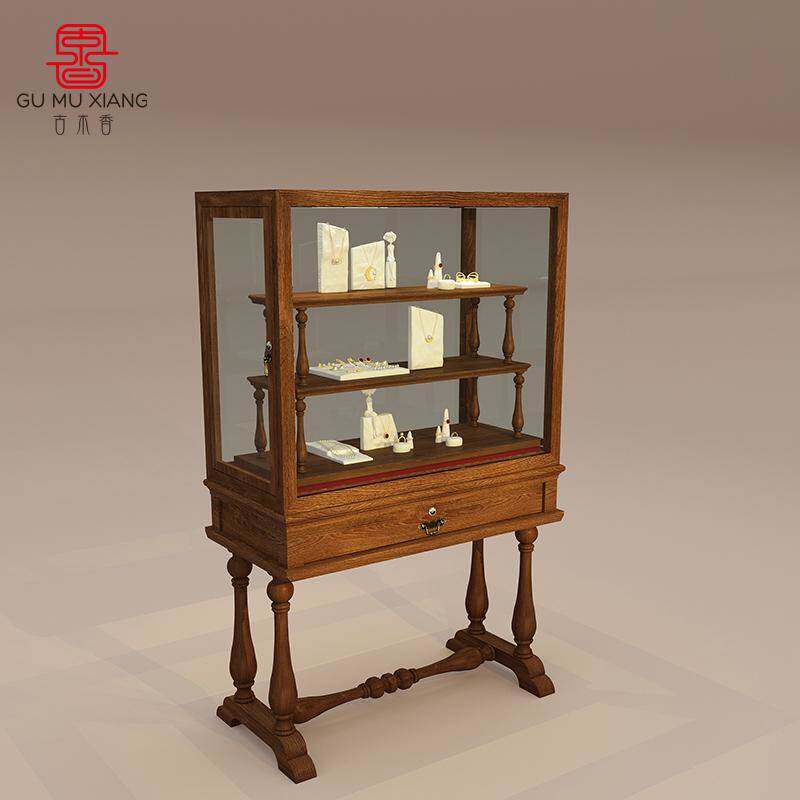 古木香 欧式实木中古珠宝首饰展示柜博物馆玉器展览玻璃陈列中岛