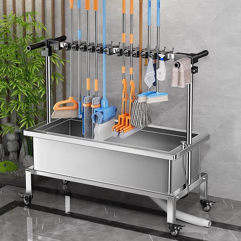 304不锈钢拖把池商用移动拖把架水池长方形洗墩布池拖布池盆水槽