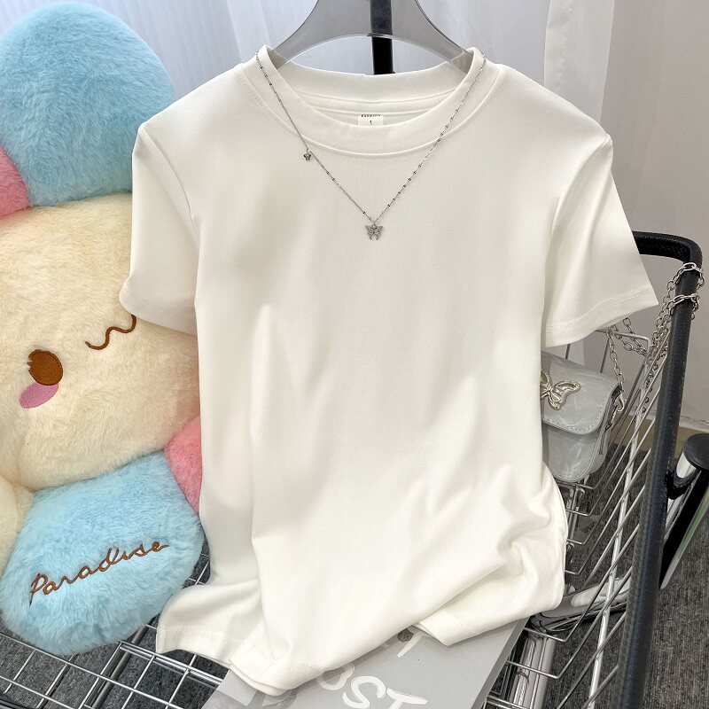 Fjwldy短袖t恤女正肩显瘦夏季圆领上衣大码修身体恤新款白色