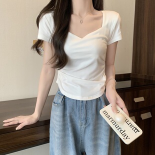 Fjwldy大码不规则方领短袖t恤女夏正肩短款法式锁骨上衣