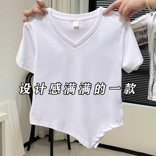 Fjwldy短袖正肩V领t恤女不规则大码夏季设计感小众短款上衣