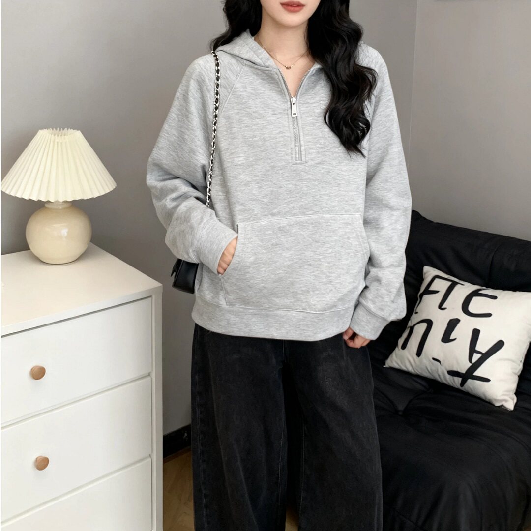 Fjwldy美式灰色连帽卫衣男女秋季新款爆款半拉链小众休闲大码外套