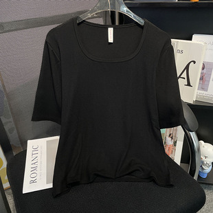 Fjwldy简约复古中袖T恤大码女装初夏新款修身显瘦百搭五分袖上衣