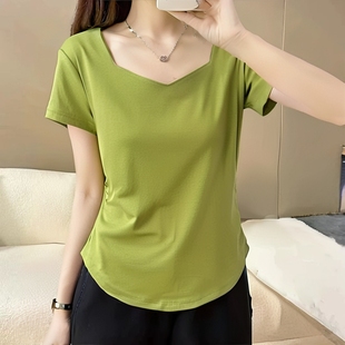 Fjwldy设计感褶皱收腰短袖T恤女2025新款夏正肩体恤大码显瘦上衣