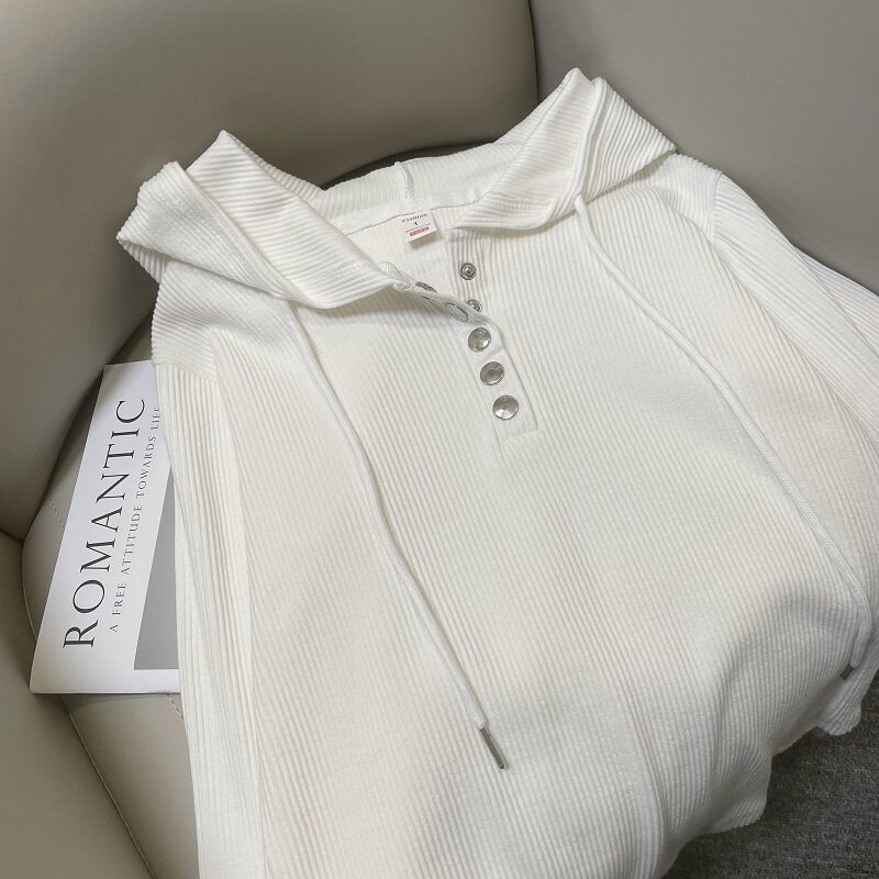 Fjwldy高级感半开衫纽扣连帽卫衣长袖女秋冬大码上衣外搭