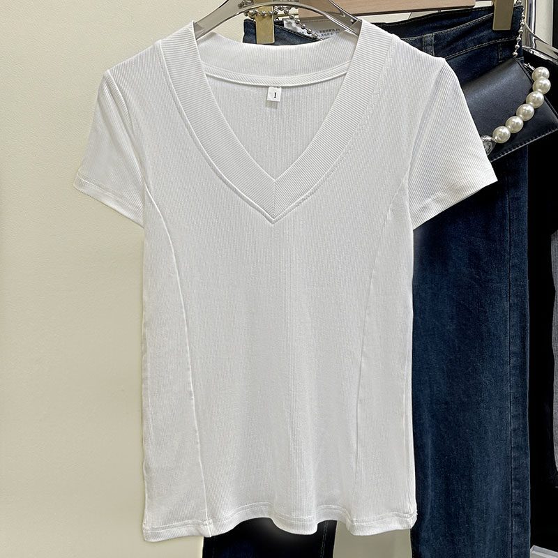 Fjwldy气质宽边V领正肩短款上衣百搭大码修身鱼骨显瘦短袖T恤女