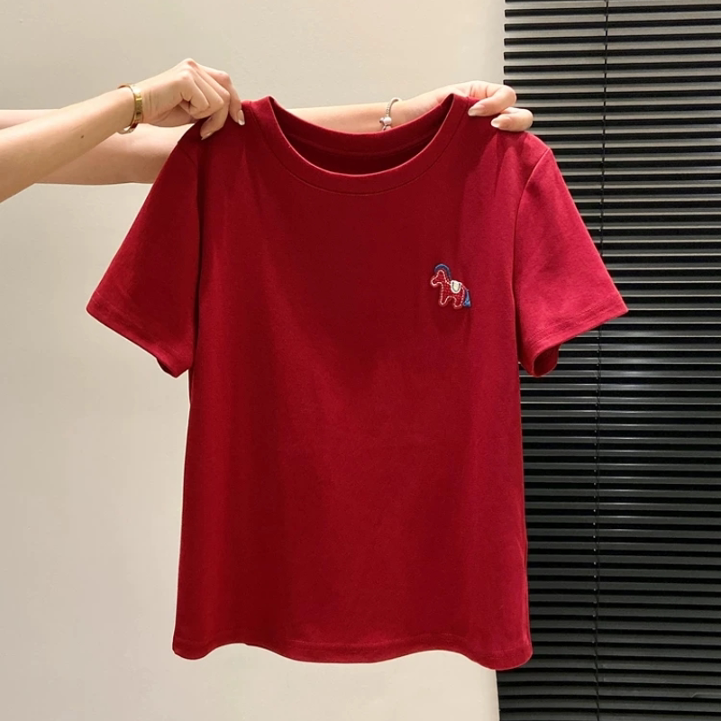 立体小马刺绣正肩显瘦白色短袖T恤男女2026夏季新款大码洋气上衣