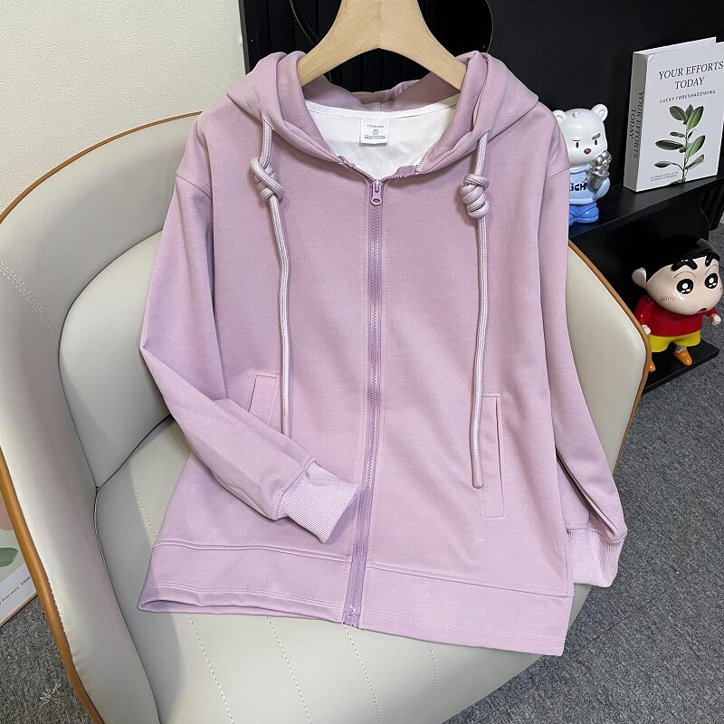 Fjwldy紫色外套女春秋季大码卫衣初秋穿搭小个子韩系新款加绒帽衫